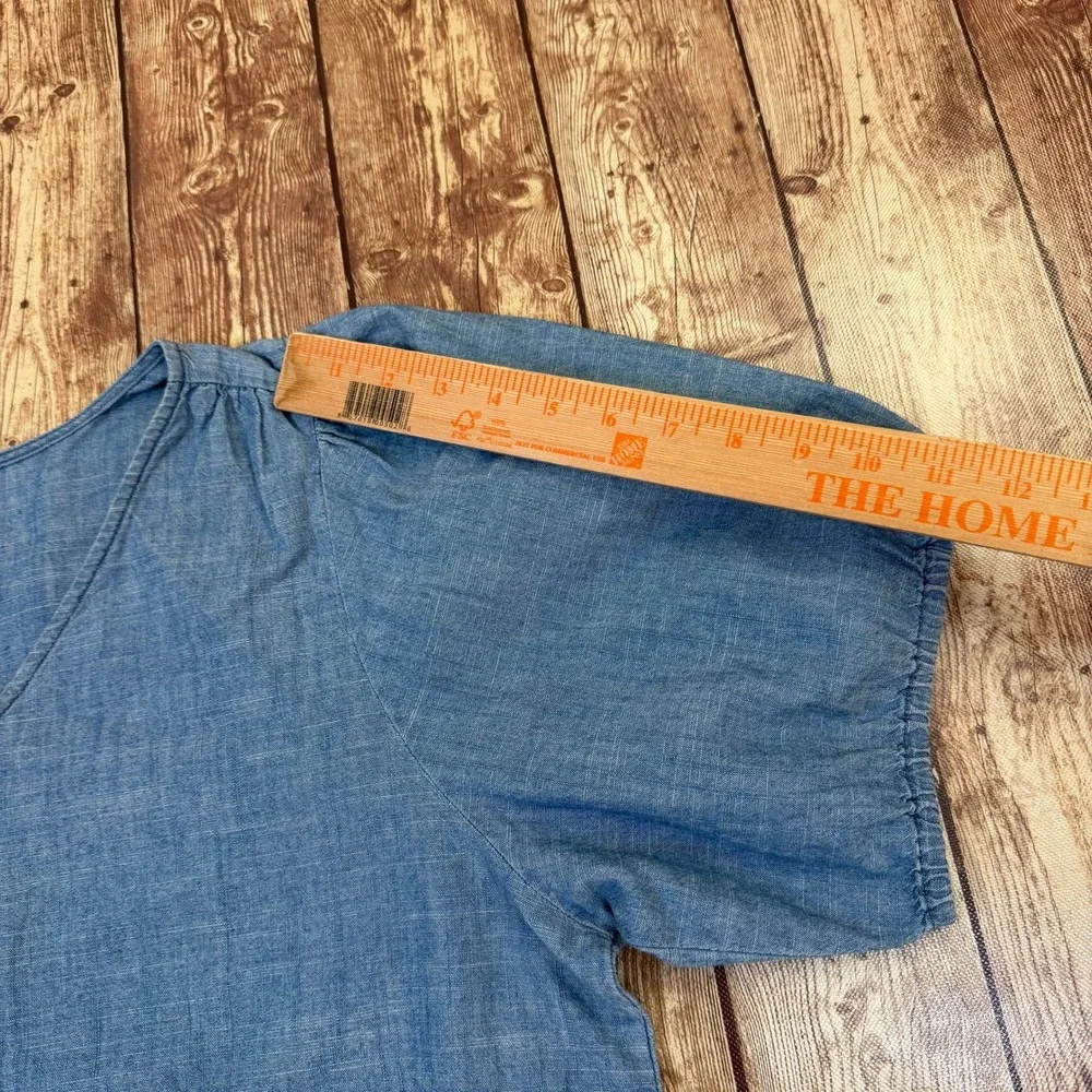 J.Crew V-Neck Puff Sleeve Blouse Womens Large Blue Chambray Cotton Top